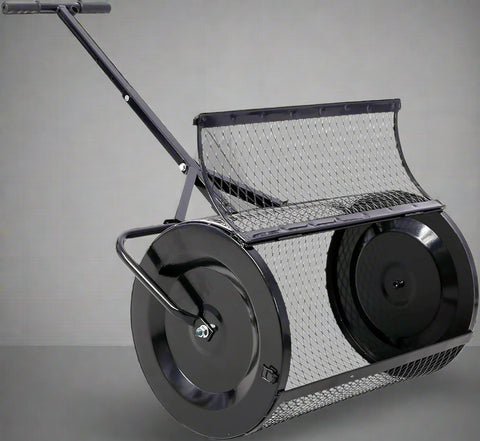 Heavy-duty compost and peat moss lawn spreader with rolling mesh drum
Topdressing broadcast roller for garden and turf care
24-inch steel mesh drum lawn spreader with double latch
Lawn care tool for compost, manure, and peat moss spreading