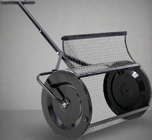 Heavy-duty compost and peat moss lawn spreader with rolling mesh drum
Topdressing broadcast roller for garden and turf care
24-inch steel mesh drum lawn spreader with double latch
Lawn care tool for compost, manure, and peat moss spreading