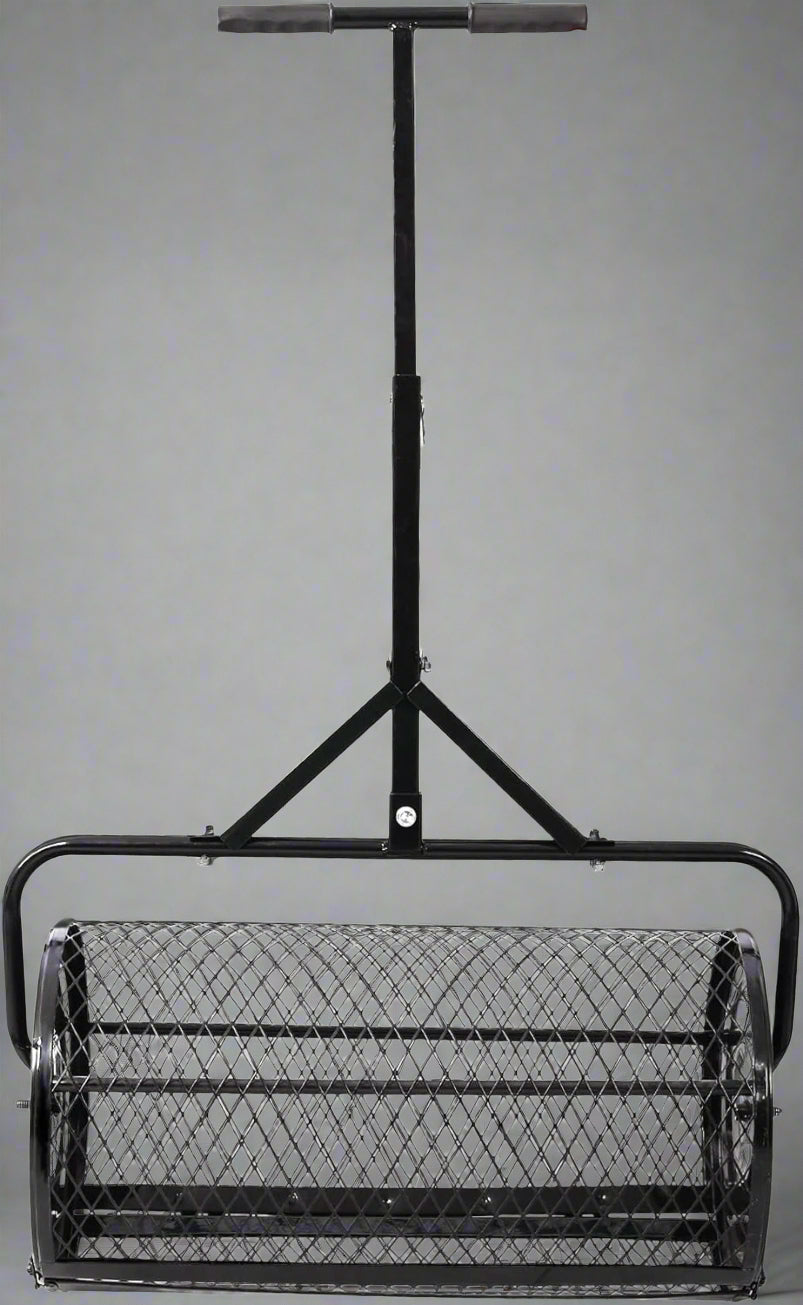Heavy-duty compost and peat moss lawn spreader with rolling mesh drum
Topdressing broadcast roller for garden and turf care
24-inch steel mesh drum lawn spreader with double latch
Lawn care tool for compost, manure, and peat moss spreading