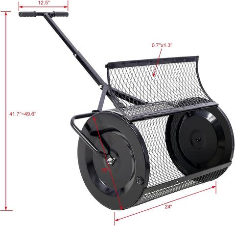 Heavy-duty compost and peat moss lawn spreader with rolling mesh drum
Topdressing broadcast roller for garden and turf care
24-inch steel mesh drum lawn spreader with double latch
Lawn care tool for compost, manure, and peat moss spreading