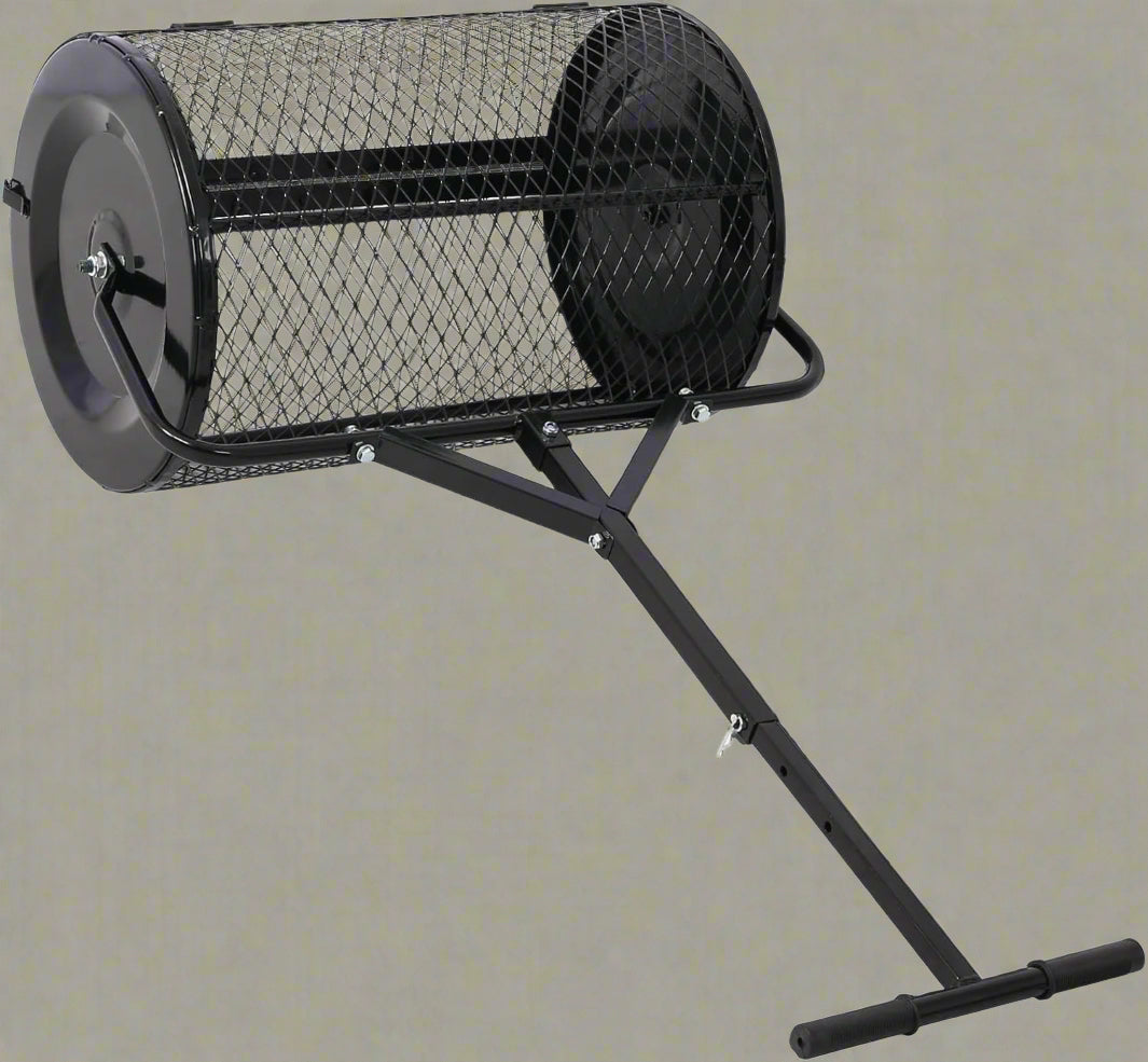 Heavy-duty compost and peat moss lawn spreader with rolling mesh drum
Topdressing broadcast roller for garden and turf care
24-inch steel mesh drum lawn spreader with double latch
Lawn care tool for compost, manure, and peat moss spreading
