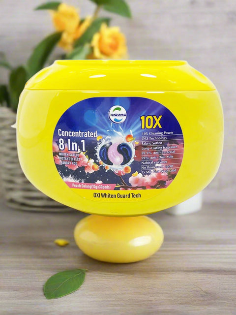 Peach Oolong 8-in-1 Laundry Pods – 30 Count
Yellow concentrated laundry pods with OXI whitening
Laundry detergent pods with 10X cleaning power