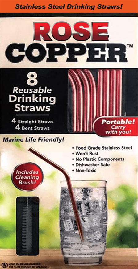 NEW Copper Drinking Straws – Reusable Stainless Steel Set with Cleaning Brush (624DSR) - with | Sold by Uncle Wiener's Wholesale
