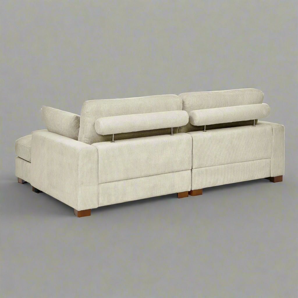 Oversized modular corduroy sofa with ottoman

Gray corduroy sectional sofa

Cream corduroy sofa with plush seating

Custom living room layout with ottoman

Deep seat cozy couch with corduroy fabric