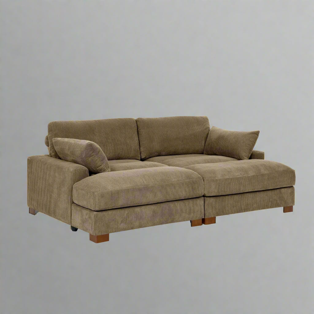 Oversized modular corduroy sofa with ottoman

Gray corduroy sectional sofa

Cream corduroy sofa with plush seating

Custom living room layout with ottoman

Deep seat cozy couch with corduroy fabric