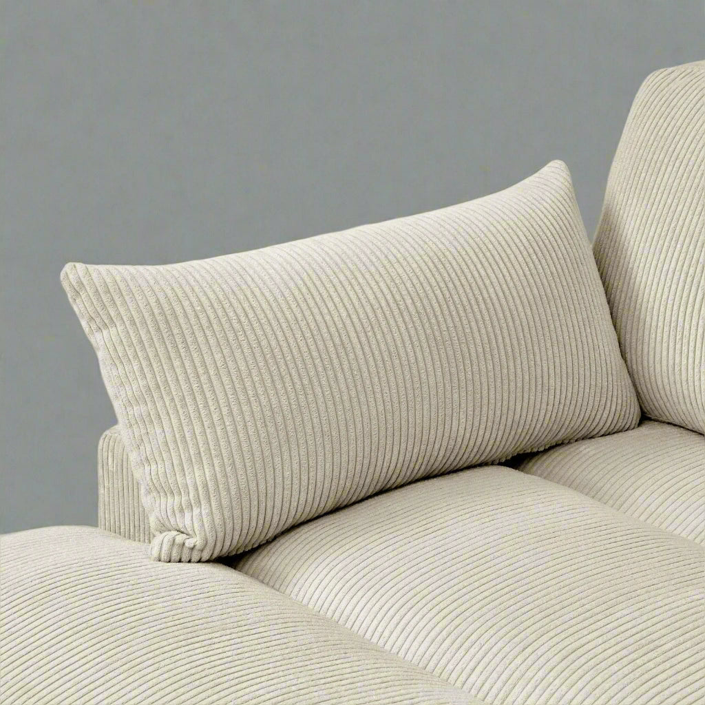 Oversized modular corduroy sofa with ottoman

Gray corduroy sectional sofa

Cream corduroy sofa with plush seating

Custom living room layout with ottoman

Deep seat cozy couch with corduroy fabric