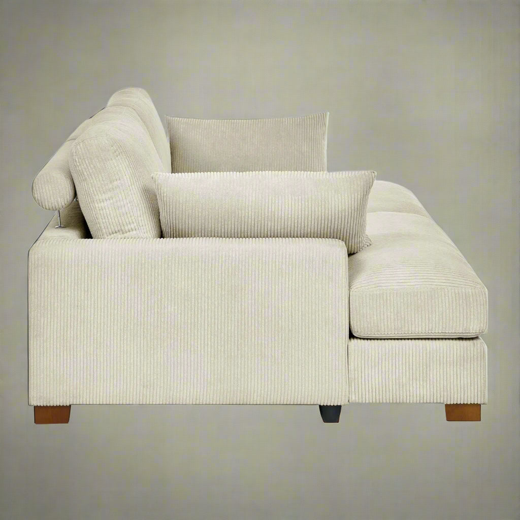 Oversized modular corduroy sofa with ottoman

Gray corduroy sectional sofa

Cream corduroy sofa with plush seating

Custom living room layout with ottoman

Deep seat cozy couch with corduroy fabric