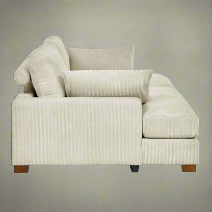 Oversized modular corduroy sofa with ottoman

Gray corduroy sectional sofa

Cream corduroy sofa with plush seating

Custom living room layout with ottoman

Deep seat cozy couch with corduroy fabric