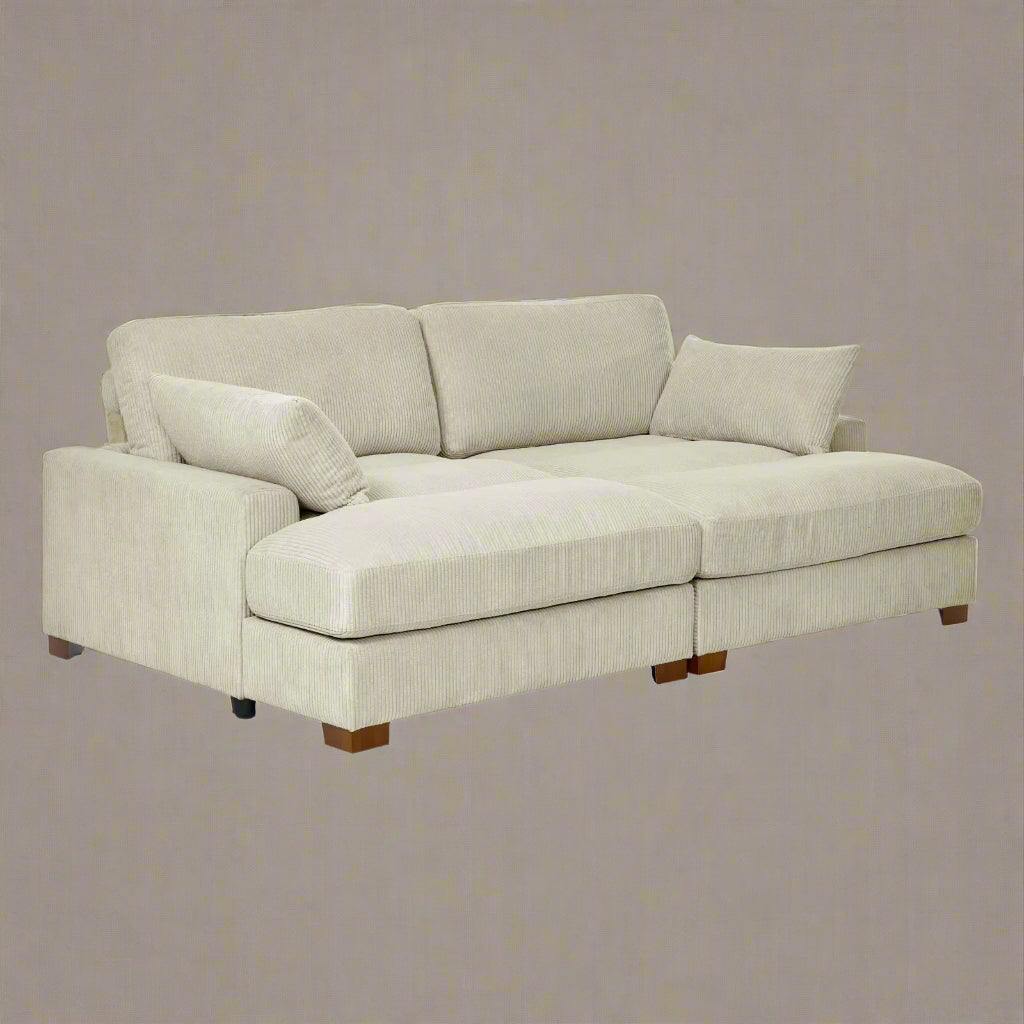 Oversized modular corduroy sofa with ottoman

Gray corduroy sectional sofa

Cream corduroy sofa with plush seating

Custom living room layout with ottoman

Deep seat cozy couch with corduroy fabric