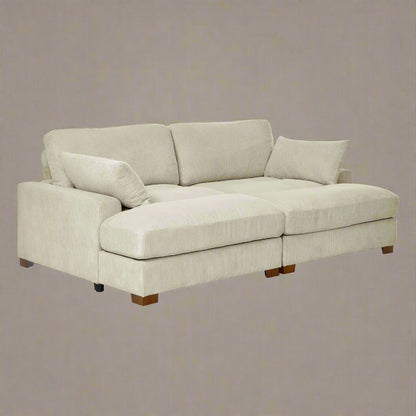 Oversized modular corduroy sofa with ottoman

Gray corduroy sectional sofa

Cream corduroy sofa with plush seating

Custom living room layout with ottoman

Deep seat cozy couch with corduroy fabric