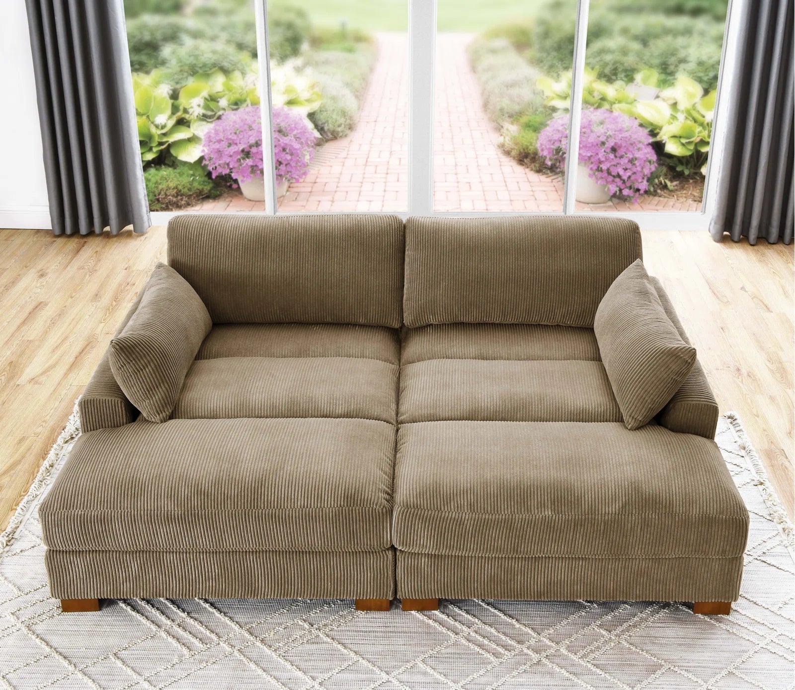 Oversized modular corduroy sofa with ottoman

Gray corduroy sectional sofa

Cream corduroy sofa with plush seating

Custom living room layout with ottoman

Deep seat cozy couch with corduroy fabric