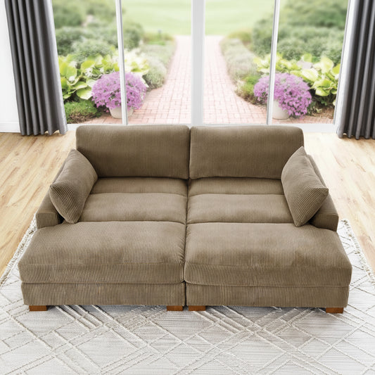 Oversized modular corduroy sofa with ottoman

Gray corduroy sectional sofa

Cream corduroy sofa with plush seating

Custom living room layout with ottoman

Deep seat cozy couch with corduroy fabric