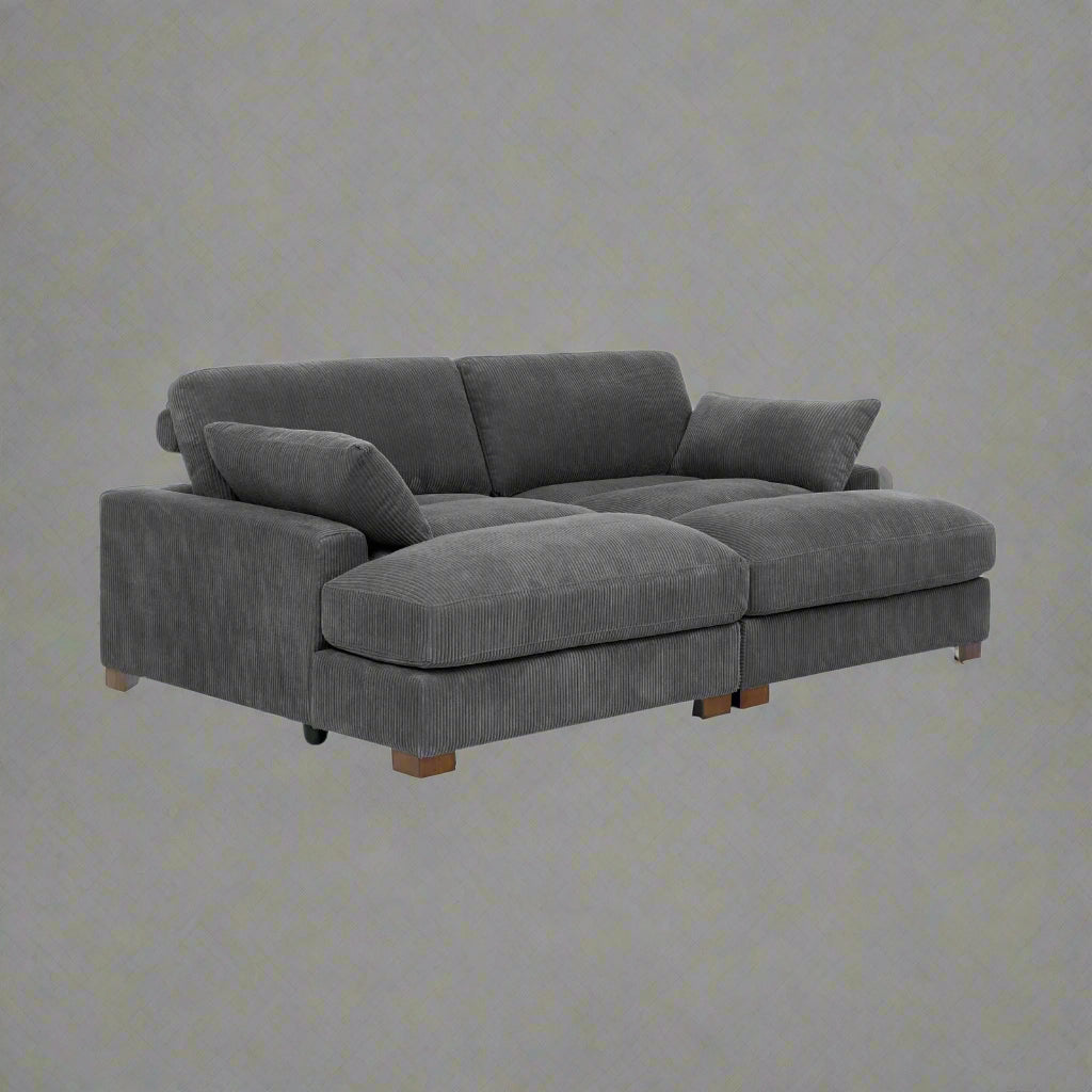 Oversized modular corduroy sofa with ottoman

Gray corduroy sectional sofa

Cream corduroy sofa with plush seating

Custom living room layout with ottoman

Deep seat cozy couch with corduroy fabric