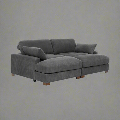Oversized modular corduroy sofa with ottoman

Gray corduroy sectional sofa

Cream corduroy sofa with plush seating

Custom living room layout with ottoman

Deep seat cozy couch with corduroy fabric