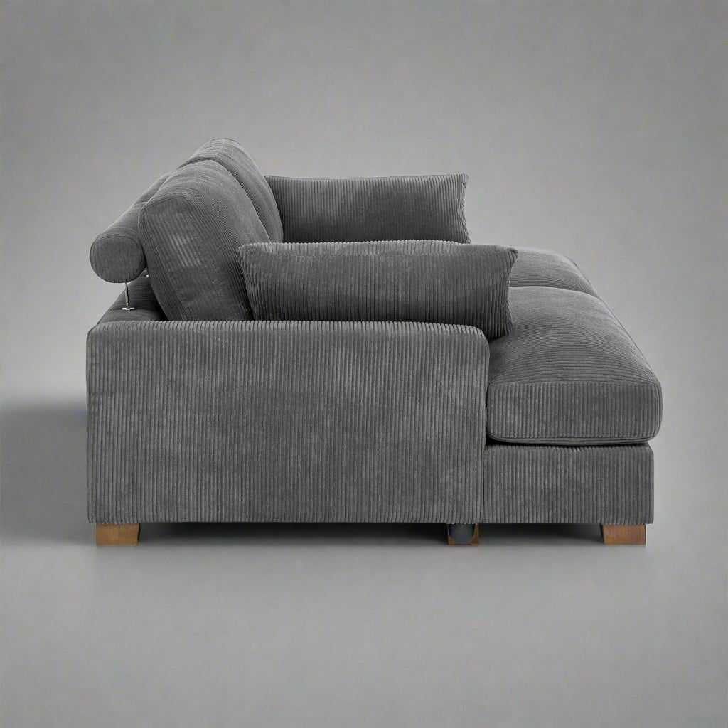 Oversized modular corduroy sofa with ottoman

Gray corduroy sectional sofa

Cream corduroy sofa with plush seating

Custom living room layout with ottoman

Deep seat cozy couch with corduroy fabric