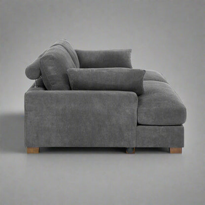 Oversized modular corduroy sofa with ottoman

Gray corduroy sectional sofa

Cream corduroy sofa with plush seating

Custom living room layout with ottoman

Deep seat cozy couch with corduroy fabric