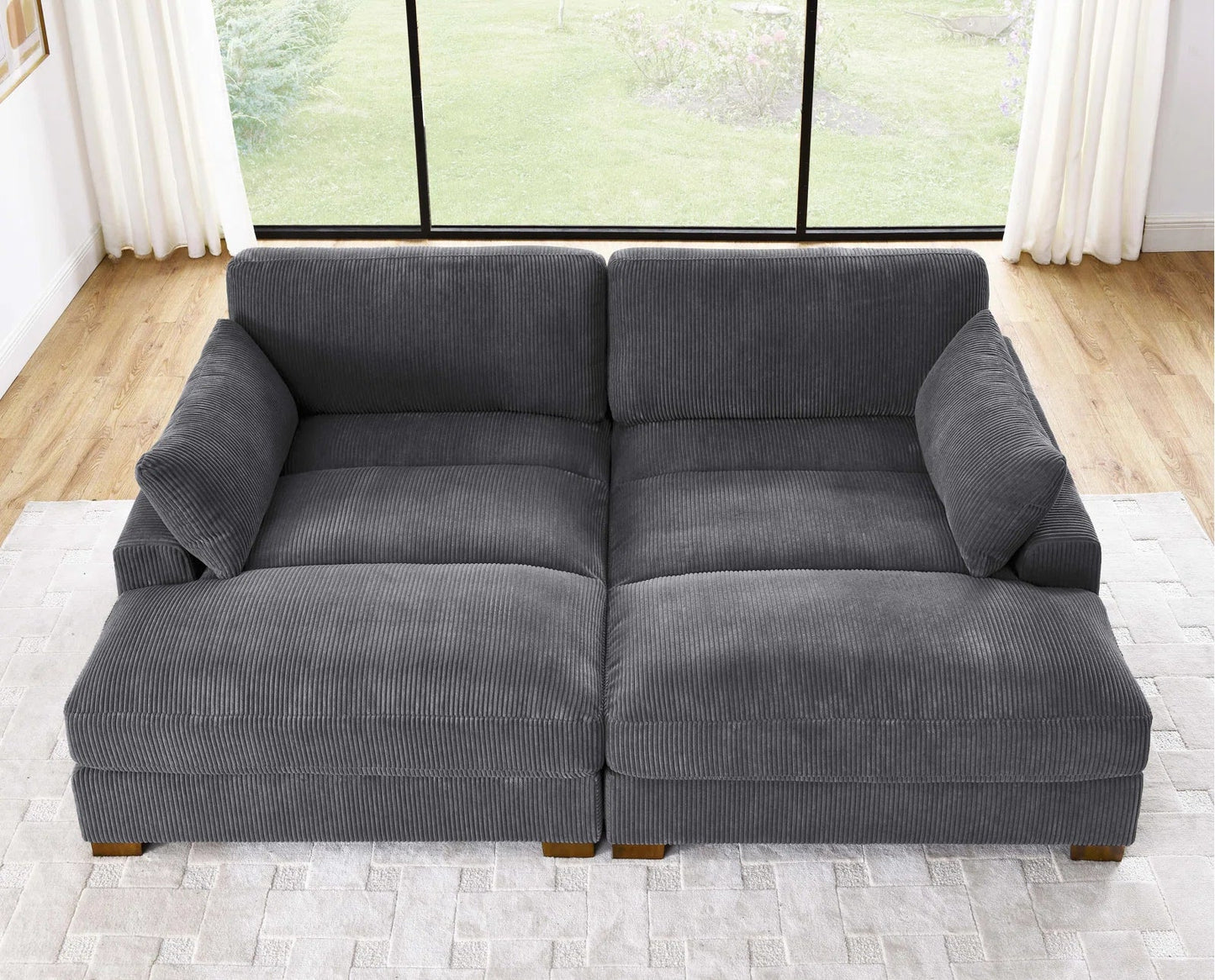 Oversized modular corduroy sofa with ottoman

Gray corduroy sectional sofa

Cream corduroy sofa with plush seating

Custom living room layout with ottoman

Deep seat cozy couch with corduroy fabric