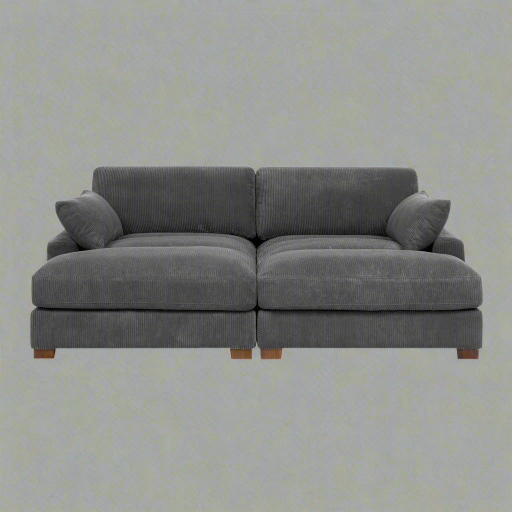 Oversized modular corduroy sofa with ottoman

Gray corduroy sectional sofa

Cream corduroy sofa with plush seating

Custom living room layout with ottoman

Deep seat cozy couch with corduroy fabric