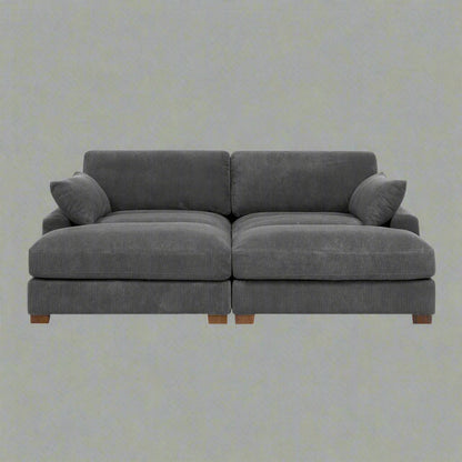 Oversized modular corduroy sofa with ottoman

Gray corduroy sectional sofa

Cream corduroy sofa with plush seating

Custom living room layout with ottoman

Deep seat cozy couch with corduroy fabric