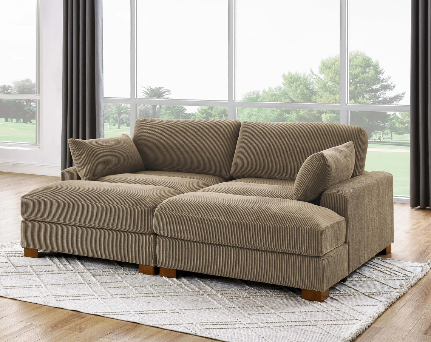 Oversized modular corduroy sofa with ottoman

Gray corduroy sectional sofa

Cream corduroy sofa with plush seating

Custom living room layout with ottoman

Deep seat cozy couch with corduroy fabric