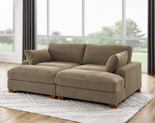 Oversized modular corduroy sofa with ottoman

Gray corduroy sectional sofa

Cream corduroy sofa with plush seating

Custom living room layout with ottoman

Deep seat cozy couch with corduroy fabric