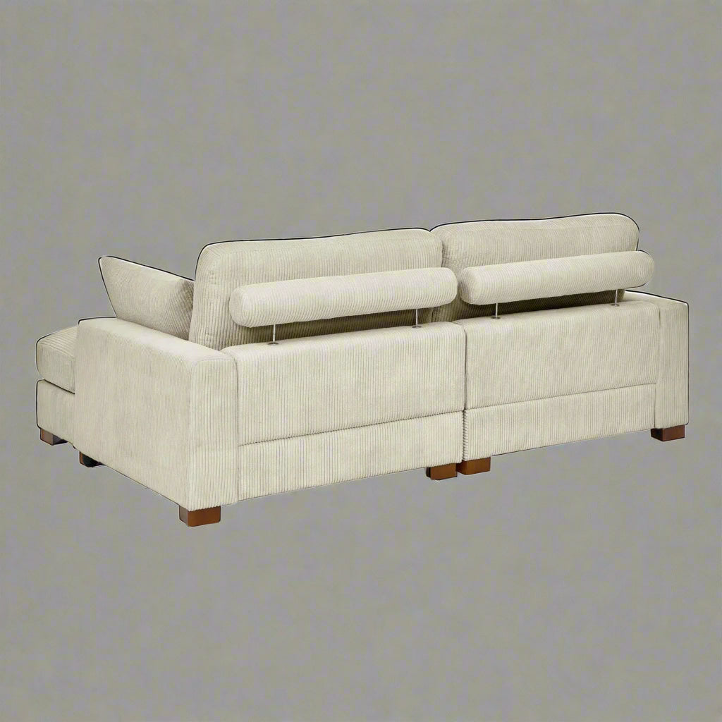 Oversized modular corduroy sofa with ottoman

Gray corduroy sectional sofa

Cream corduroy sofa with plush seating

Custom living room layout with ottoman

Deep seat cozy couch with corduroy fabric