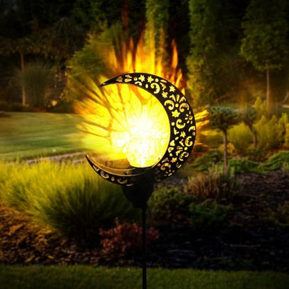 Crescent moon shaped solar LED light for garden pathway
Warm white crackle glass orb on solar-powered metal stand
Outdoor crescent moon decor light with solar panel
Elegant crackle glass garden light at night glowing warm white
Solar crescent garden light illuminating flower bed