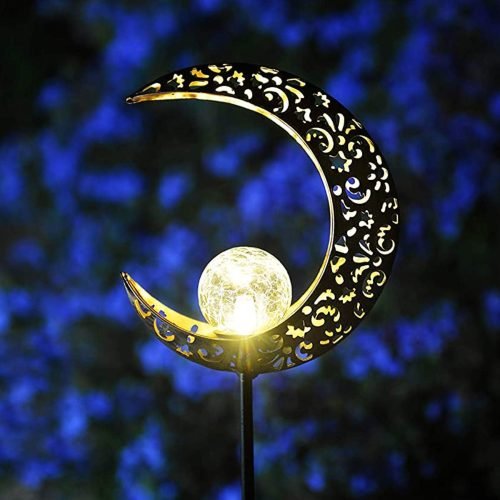 Crescent moon shaped solar LED light for garden pathway
Warm white crackle glass orb on solar-powered metal stand
Outdoor crescent moon decor light with solar panel
Elegant crackle glass garden light at night glowing warm white
Solar crescent garden light illuminating flower bed