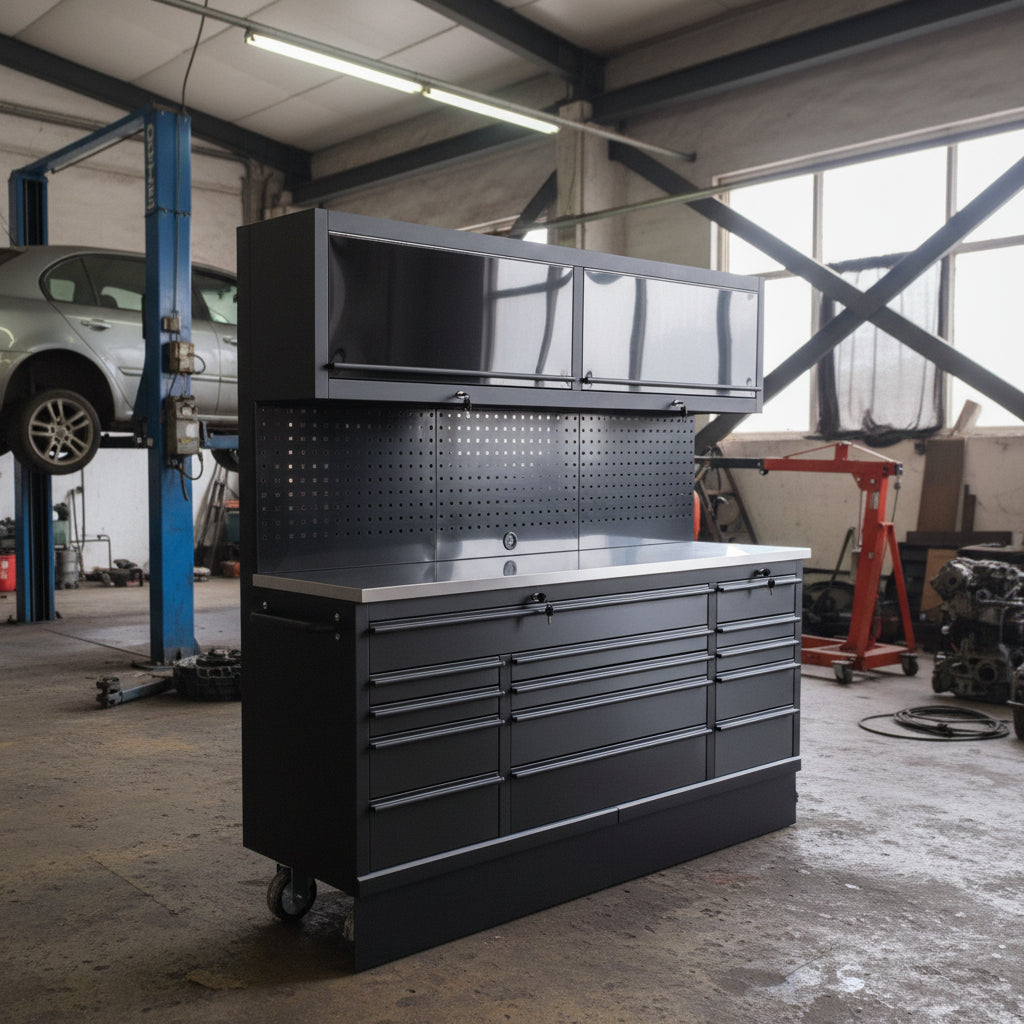 Deluxe 6 FT Tool Bench and Storage Cabinet – Heavy-Duty Stainless or Black Steel Garage Workstation with Drawers and Modular Design