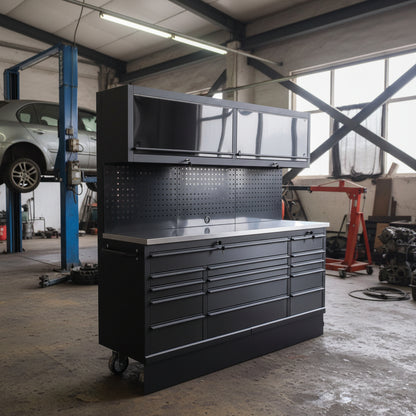 Deluxe 6 FT Tool Bench and Storage Cabinet – Heavy-Duty Stainless or Black Steel Garage Workstation with Drawers and Modular Design