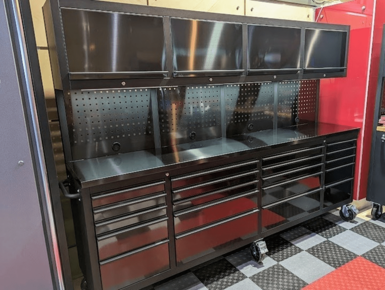 NEW DELUXE 8 FT BLACK STAINLESS STEEL TOOL BENCH & CABINET GTX2422BSS - with | Sold by Uncle Wiener's Wholesale