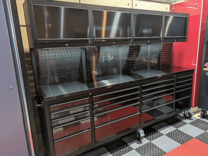 NEW DELUXE 8 FT BLACK STAINLESS STEEL TOOL BENCH & CABINET GTX2422BSS - with | Sold by Uncle Wiener's Wholesale