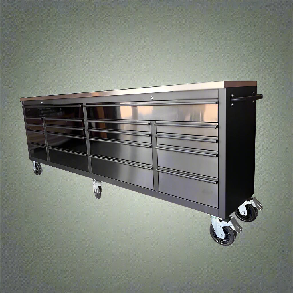 NEW DELUXE 8 FT BLACK STAINLESS STEEL TOOL BENCH & CABINET GTX2422BSS - with | Sold by Uncle Wiener's Wholesale