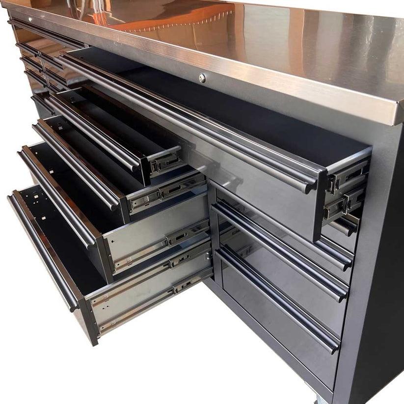 NEW DELUXE 8 FT BLACK STAINLESS STEEL TOOL BENCH & CABINET GTX2422BSS - with | Sold by Uncle Wiener's Wholesale