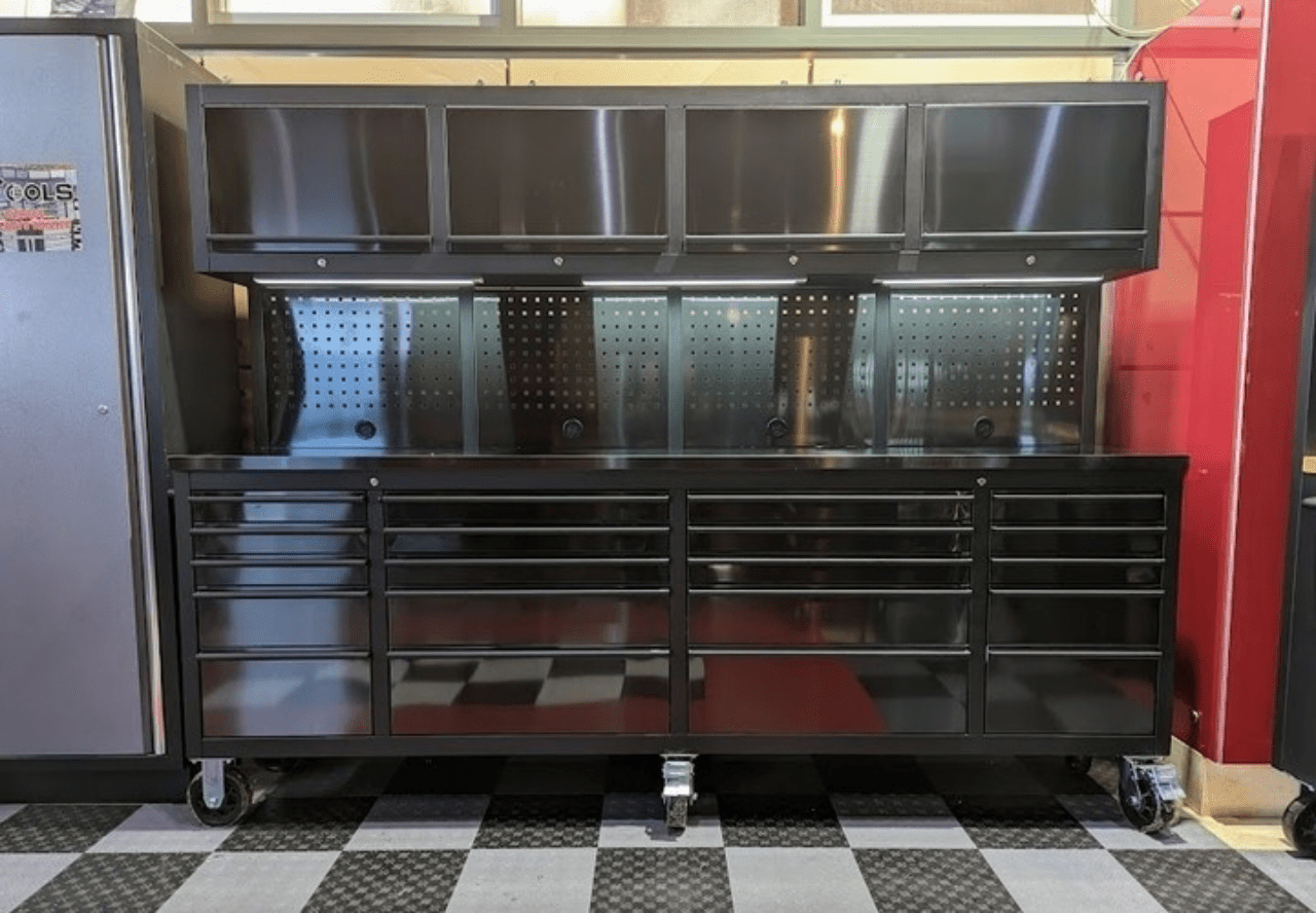 NEW DELUXE 8 FT BLACK STAINLESS STEEL TOOL BENCH & CABINET GTX2422BSS - with | Sold by Uncle Wiener's Wholesale