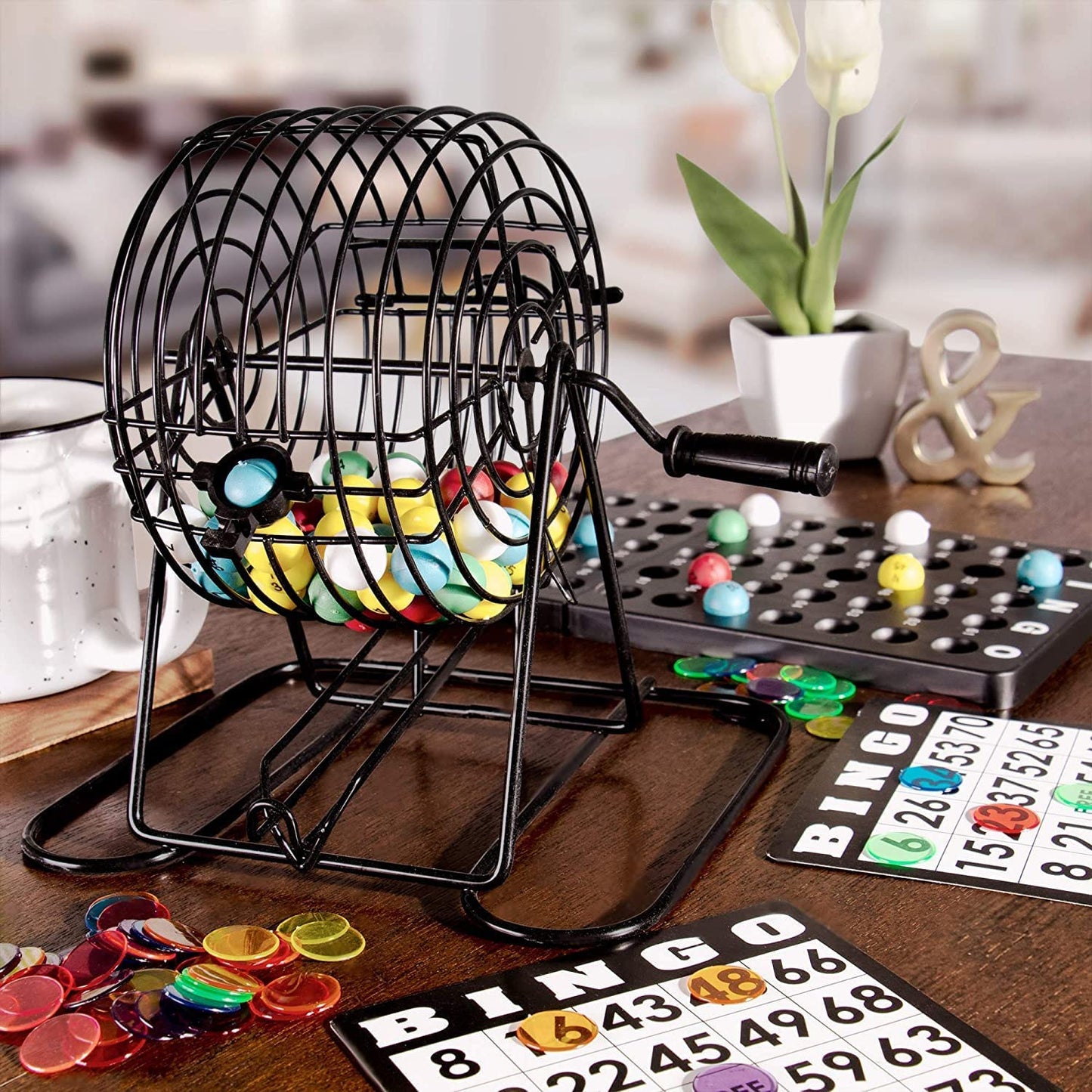 New Deluxe Bingo Game Set with Cage, 75 Colored Balls & 18 Reusable Cards | SKU: YUSNHR - with | Sold by Uncle Wiener's Wholesale