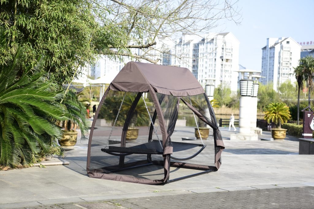Deluxe Outdoor Hammock Swing Bed with Mosquito Net and Canopy Roof – Freestanding Lounger for Backyard and Camping