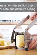 Stainless steel French fry cutter with 2 blades model 431012
Heavy-duty fry cutter with suction base and lever handle
Restaurant-quality potato slicer with thick and thin cut blades