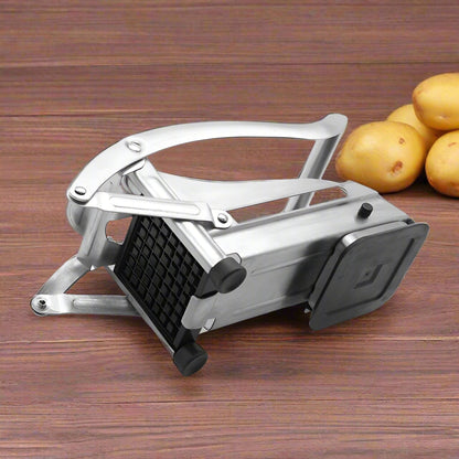 Stainless steel French fry cutter with 2 blades model 431012
Heavy-duty fry cutter with suction base and lever handle
Restaurant-quality potato slicer with thick and thin cut blades