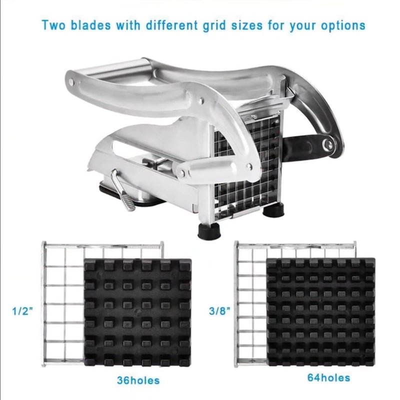 Stainless steel French fry cutter with 2 blades model 431012
Heavy-duty fry cutter with suction base and lever handle
Restaurant-quality potato slicer with thick and thin cut blades