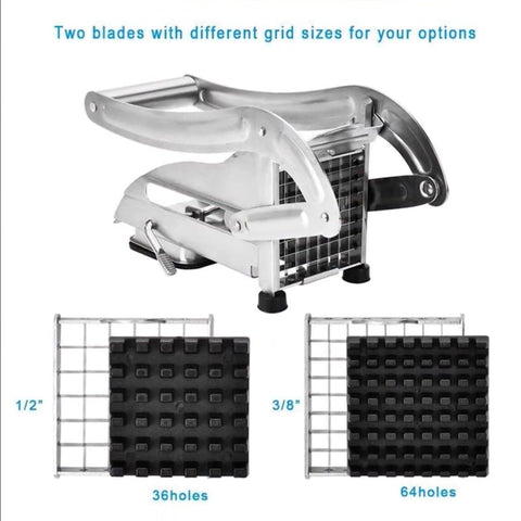 Stainless steel French fry cutter with 2 blades model 431012
Heavy-duty fry cutter with suction base and lever handle
Restaurant-quality potato slicer with thick and thin cut blades