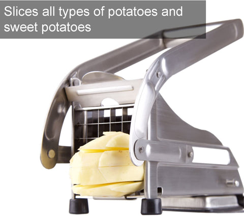 Stainless steel French fry cutter with 2 blades model 431012
Heavy-duty fry cutter with suction base and lever handle
Restaurant-quality potato slicer with thick and thin cut blades