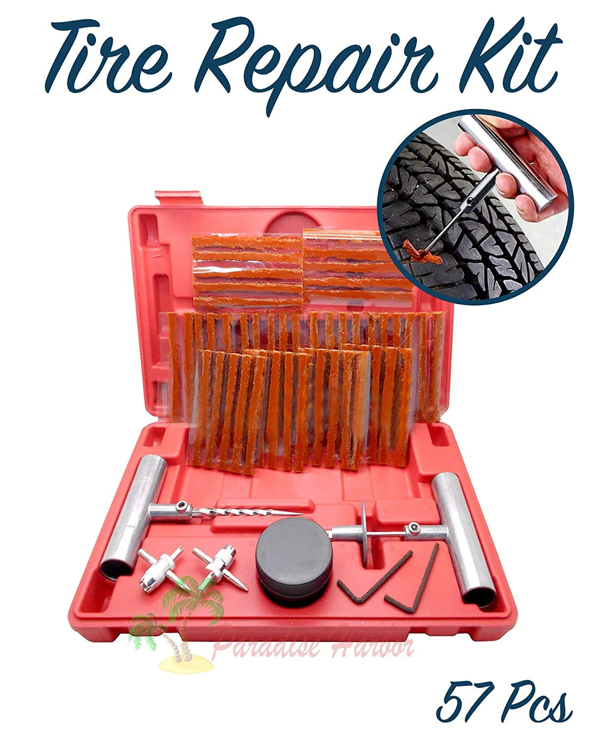 Complete deluxe tire repair kit with 50 plugs and T-handle tools
Red blow-molded tire plug kit case with spiral and insert tools
Valve core tools and lubricant in tire repair plug kit