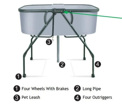 Detachable Folding Dog Bath – 200 lbs Capacity – Front View

Portable Elevated Dog Bath with Gray Basin

Foldable Dog Washing Station with Drain Hose

Side View of Folding Pet Tub for Grooming

Easy-to-Clean Dog Bath for Indoor/Outdoor Use