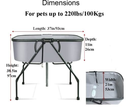Detachable Folding Dog Bath – 200 lbs Capacity – Front View

Portable Elevated Dog Bath with Gray Basin

Foldable Dog Washing Station with Drain Hose

Side View of Folding Pet Tub for Grooming

Easy-to-Clean Dog Bath for Indoor/Outdoor Use
