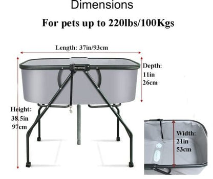 Detachable Folding Dog Bath – 200 lbs Capacity – Front View

Portable Elevated Dog Bath with Gray Basin

Foldable Dog Washing Station with Drain Hose

Side View of Folding Pet Tub for Grooming

Easy-to-Clean Dog Bath for Indoor/Outdoor Use