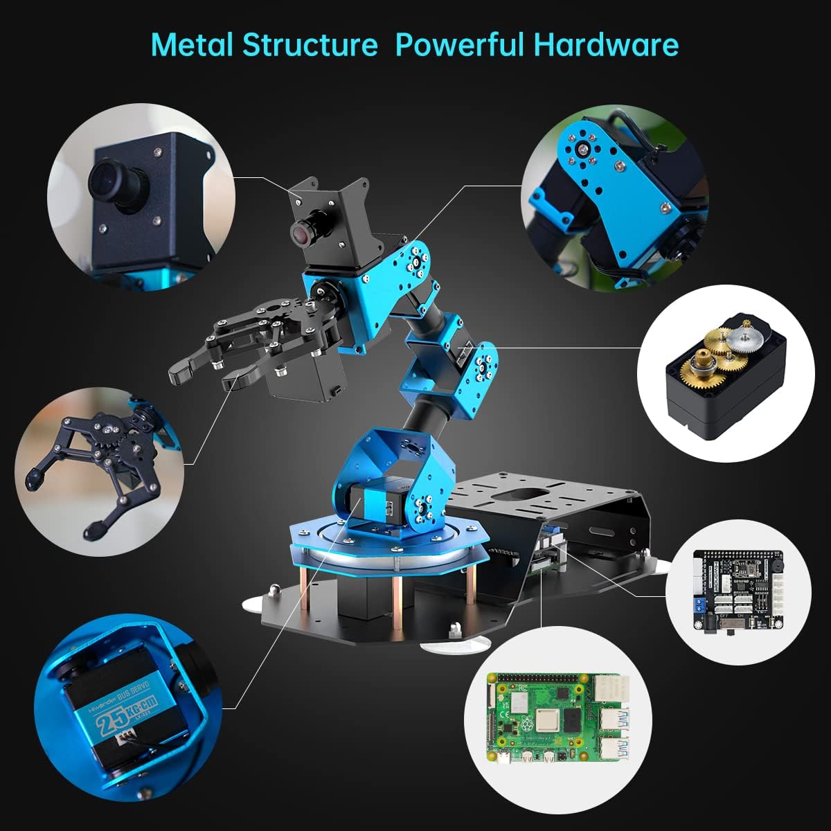 “Fully assembled Raspberry Pi robotic arm kit with FPV camera”

“AI developer robotic arm kit with wireless control module”

“Open source robot arm kit for STEM learning”

“FPV robotic arm with Raspberry Pi control board and sensors”

“Raspberry Pi AI robot arm kit with camera, servos, and code”