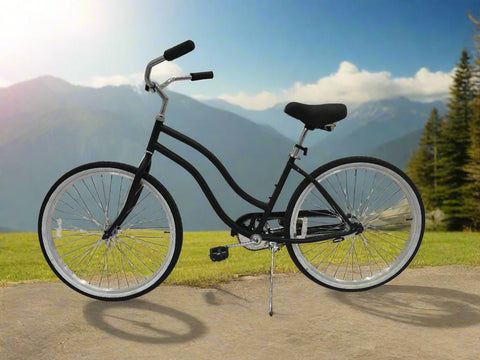 Side view of Deviant 26" beach cruiser bicycle in matte black

Close-up of comfort seat and handlebar grips

Rear coaster brake and single-speed drivetrain

Full assembled view of the Deviant black cruiser bike

Cruiser bike parked on a path at sunset
