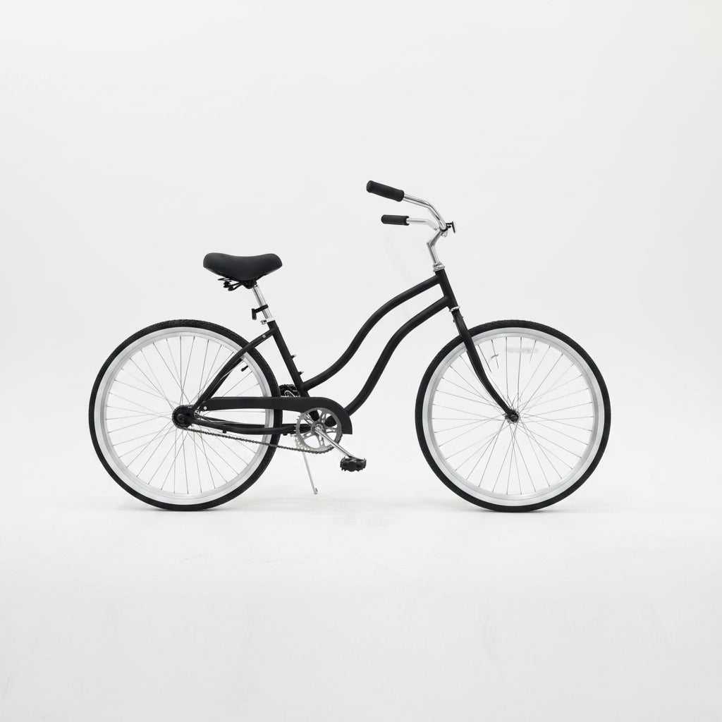 Side view of Deviant 26" beach cruiser bicycle in matte black

Close-up of comfort seat and handlebar grips

Rear coaster brake and single-speed drivetrain

Full assembled view of the Deviant black cruiser bike

Cruiser bike parked on a path at sunset