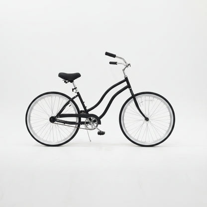 Side view of Deviant 26" beach cruiser bicycle in matte black

Close-up of comfort seat and handlebar grips

Rear coaster brake and single-speed drivetrain

Full assembled view of the Deviant black cruiser bike

Cruiser bike parked on a path at sunset